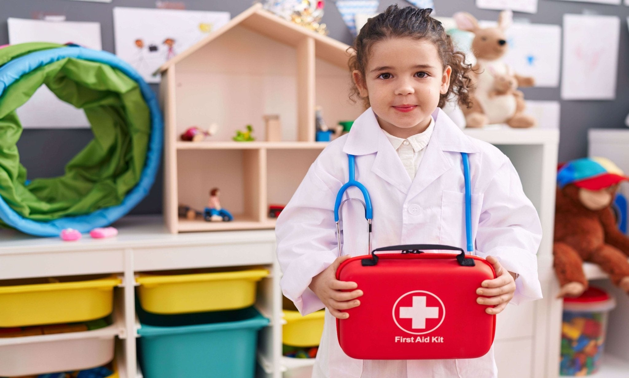 School nurse office with first aid supplies and emergency equipment