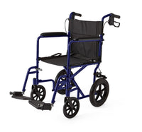Load image into Gallery viewer, Medline Basic Aluminum Transport Chair with 12" Wheels, Fixed Full-Length Arms and Swing-Away Footrests, Blue
