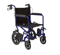 Load image into Gallery viewer, Medline Basic Aluminum Transport Chair with 12" Wheels, Fixed Full-Length Arms and Swing-Away Footrests, Blue
