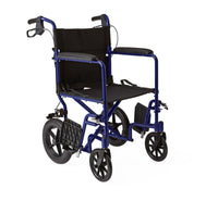 Load image into Gallery viewer, Medline Basic Aluminum Transport Chair with 12" Wheels, Fixed Full-Length Arms and Swing-Away Footrests, Blue - American Hospital Supply
