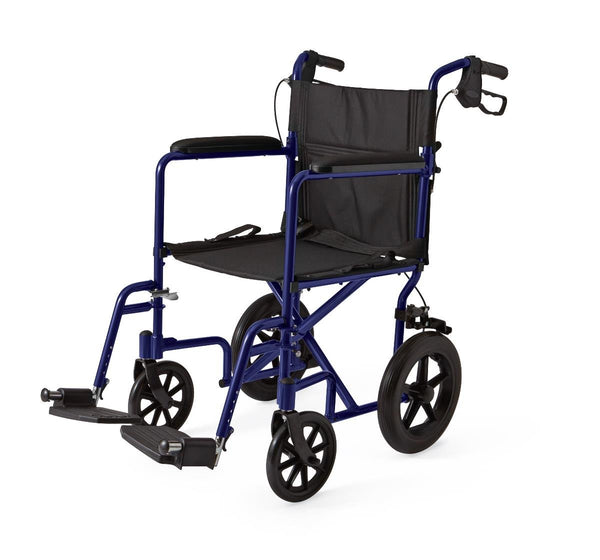 Medline Basic Aluminum Transport Chair with 12" Wheels, Fixed Full-Length Arms and Swing-Away Footrests, Blue - American Hospital Supply