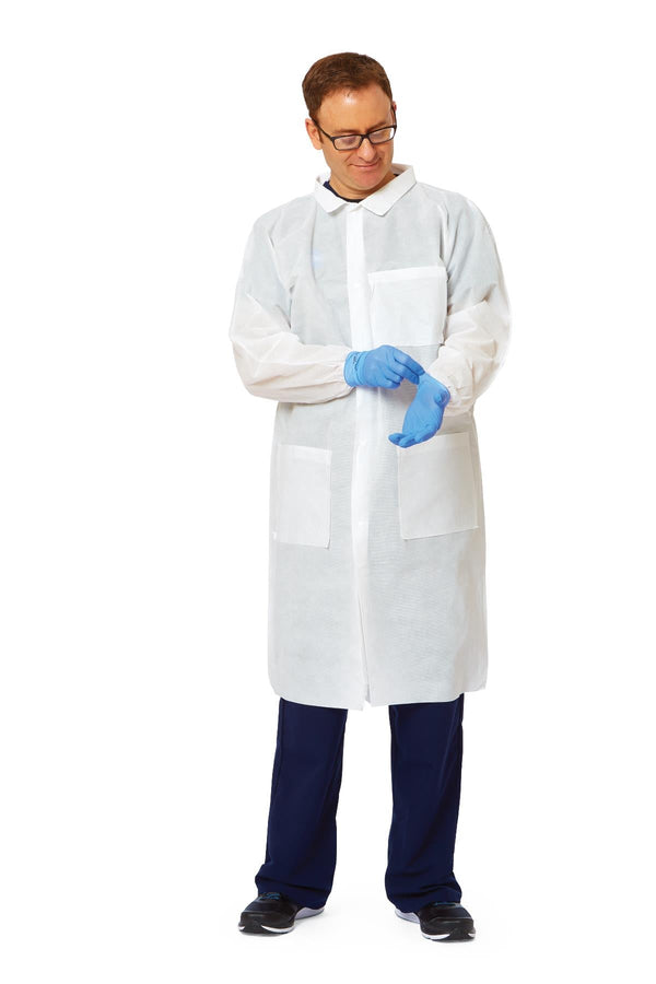 Medline Disposable SMS Barrier Lab Coat with Traditional Collar and Knit Cuffs, White, Large - American Hospital Supply