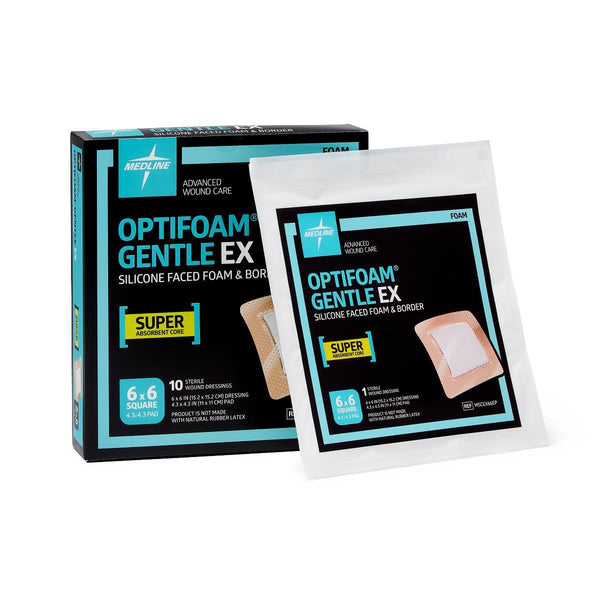 Medline Optifoam Gentle EX Bordered Foam Dressing in Educational Packaging, 6" x 6" - American Hospital Supply