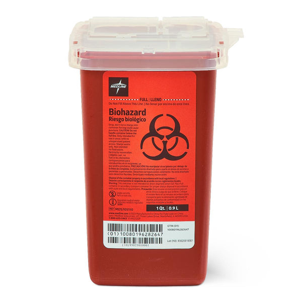 Medline Phlebotomy Sharps Container, Red, 1 qt., with Dual Opening Lid - American Hospital Supply