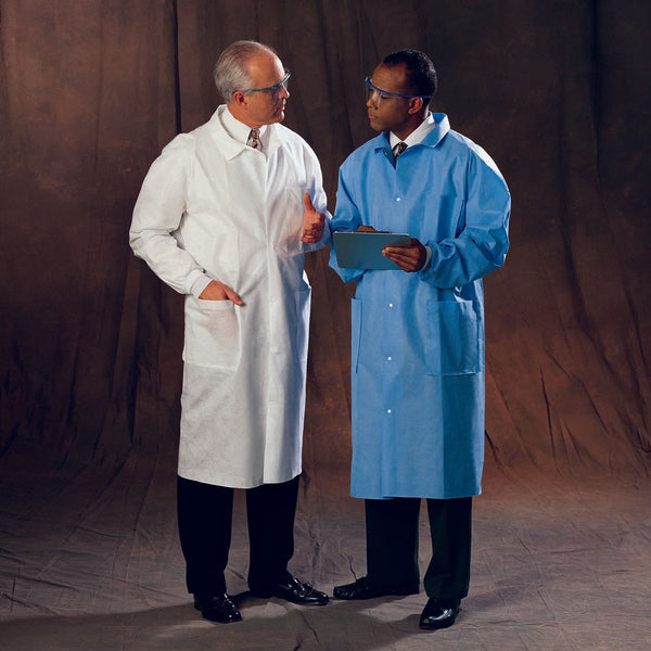 O&M Halyard Inc Lab Coat Knee Length Blue Large - American Hospital Supply